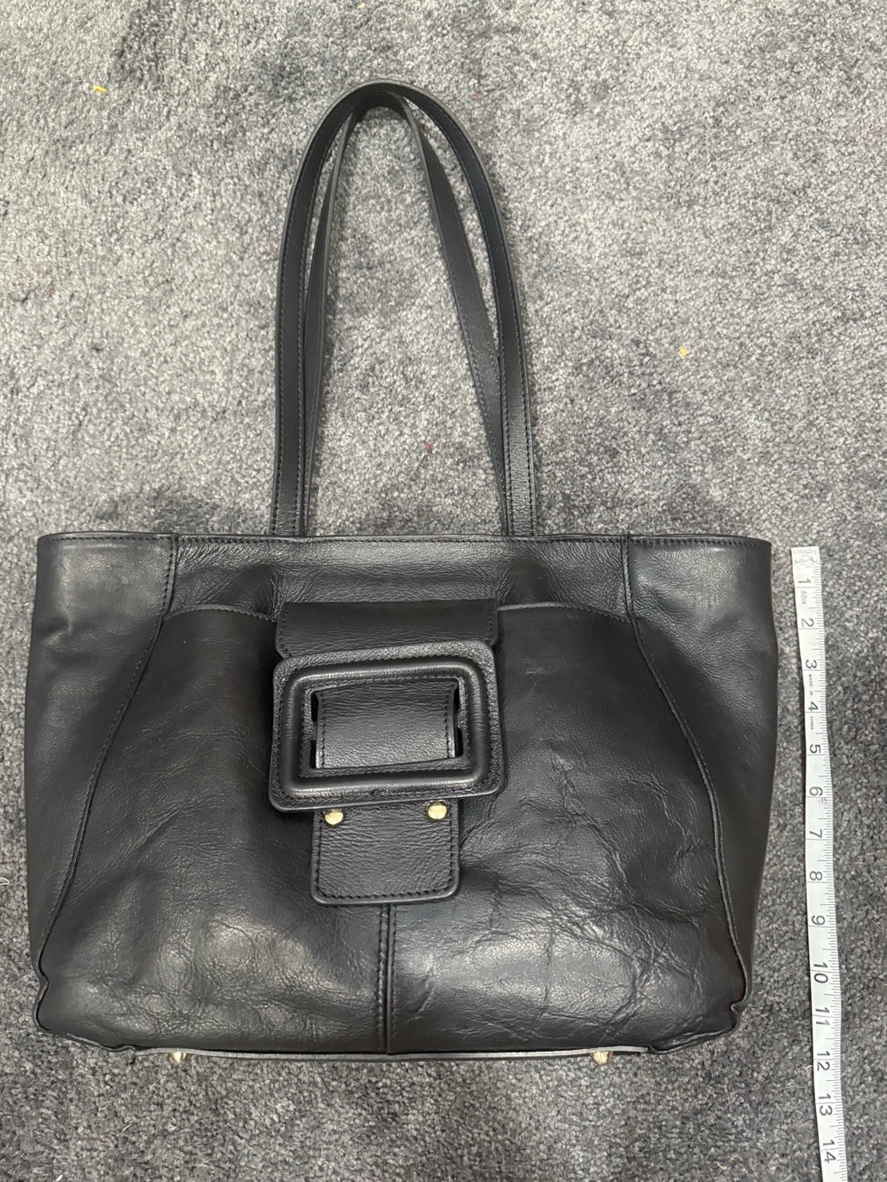Anna Paola Black Genuine Leather Tote Handbag with Buckle Accent